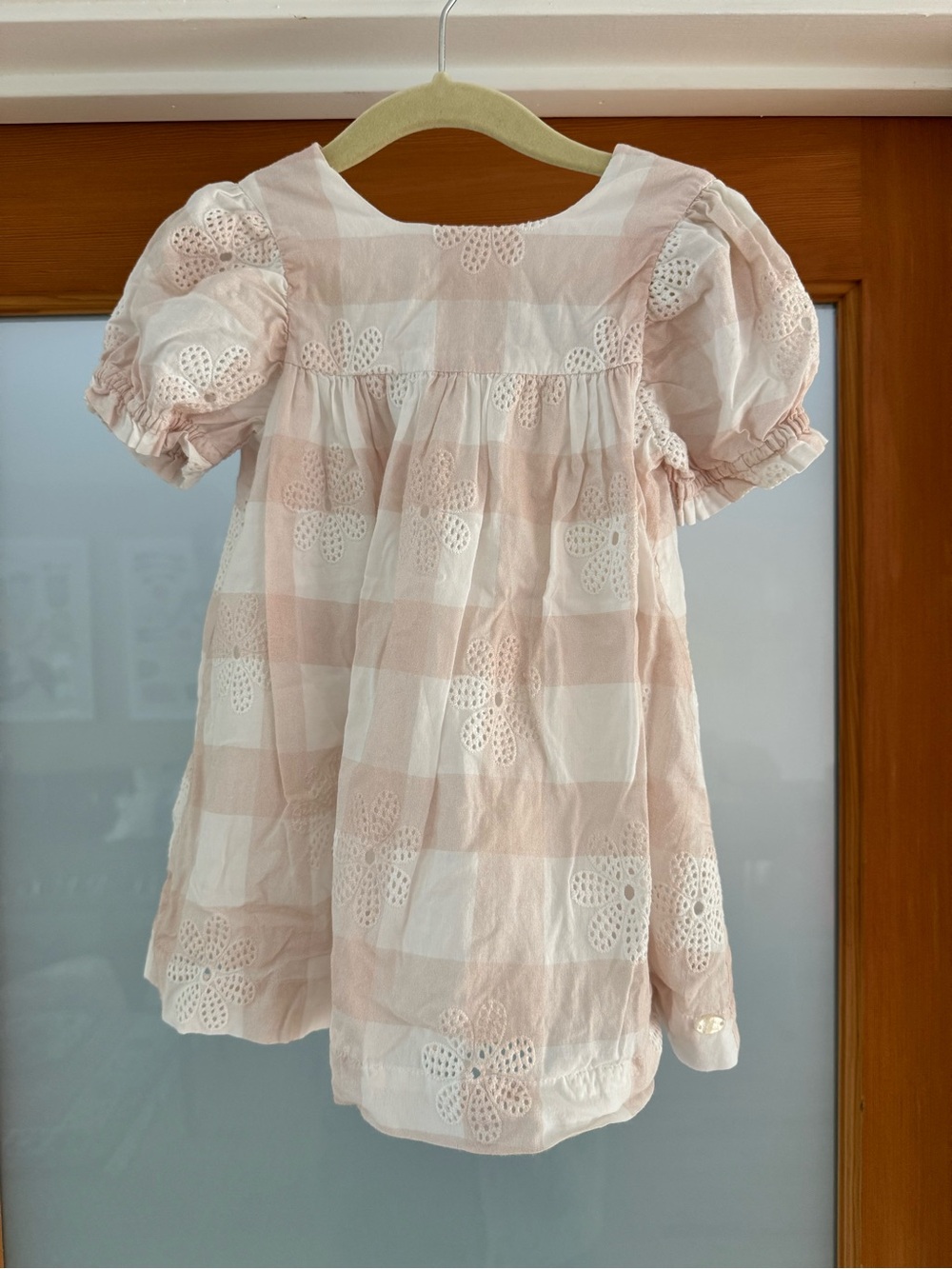 Tartine et Chocolat Pink and White Gingham Eyelet Puff Sleeve Dress